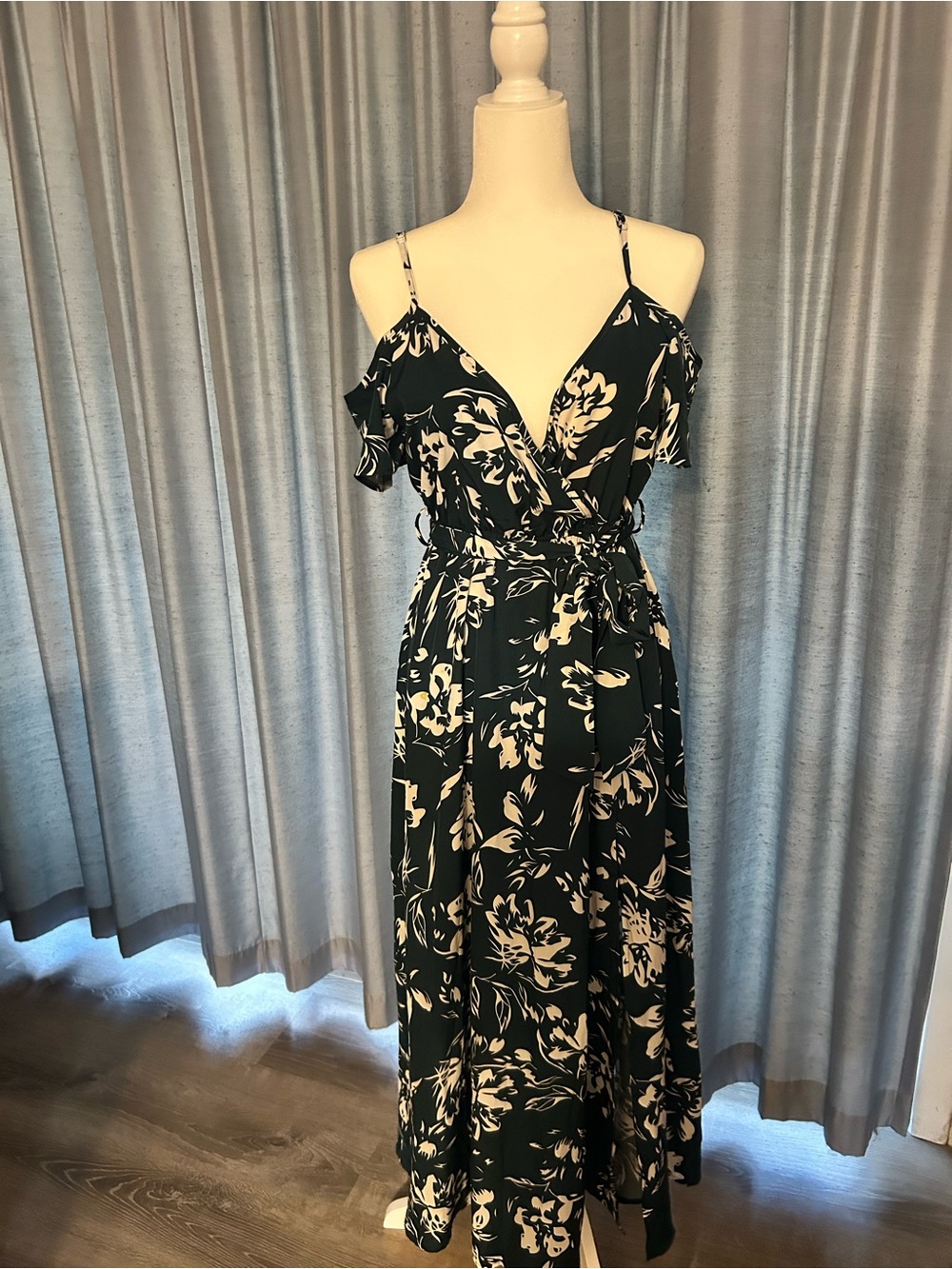 Floral Wrap Maxi Dress in Dark Green and Cream